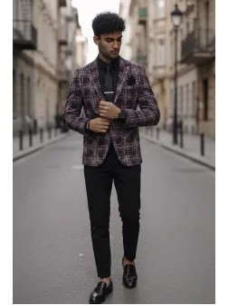 Sacou barbati in carouri slim fit grena B4980 Z4-5